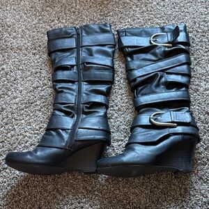 UNIONBAY Black Strappy Wedge Boots